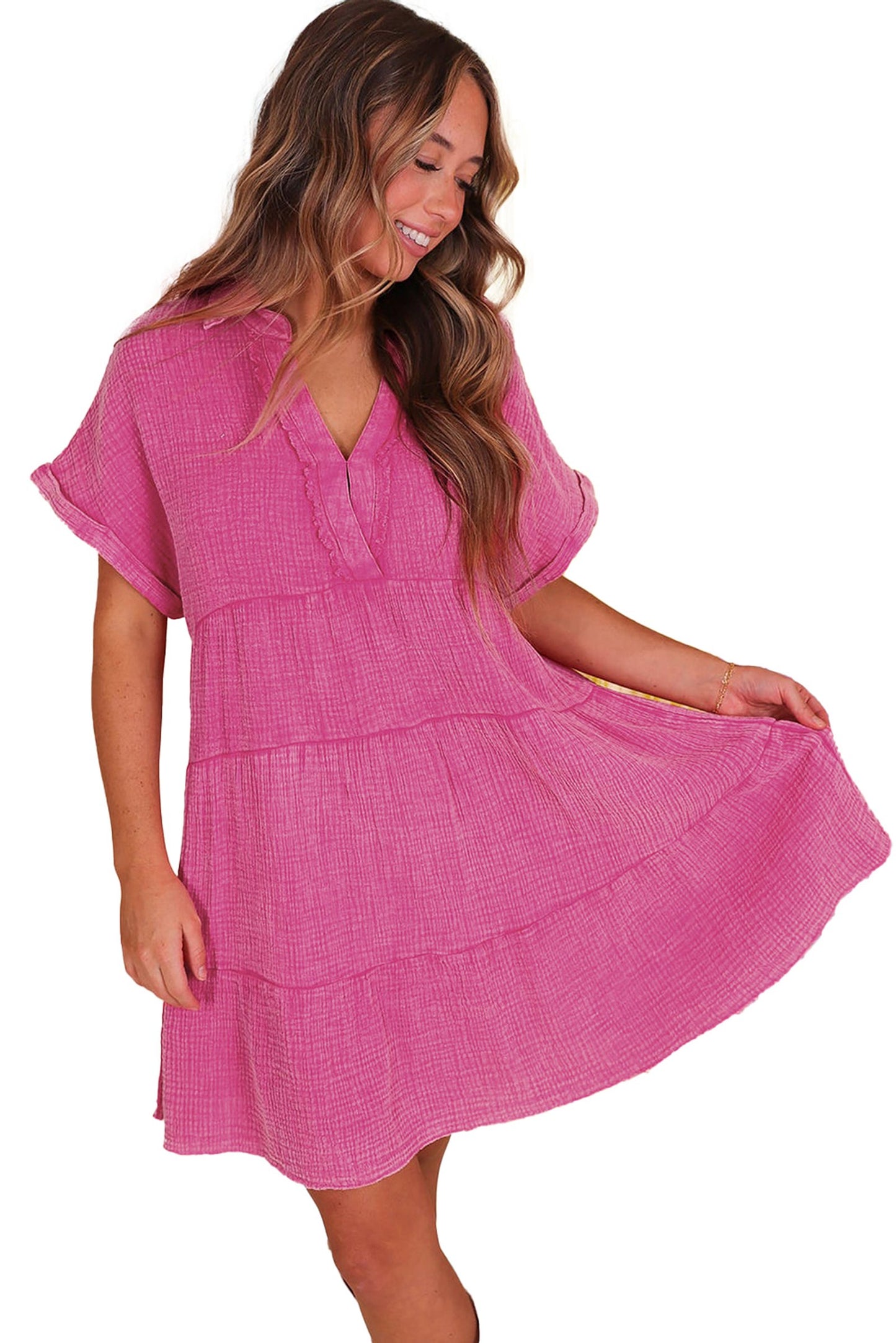 LuckeLadybug strawberry pink tiered dress with a flattering A-Line silhouette and short sleeves
