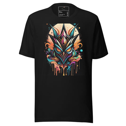 LuckeLadybug black street vibes fashion tee with vibrant colorful abstract owl graphic design