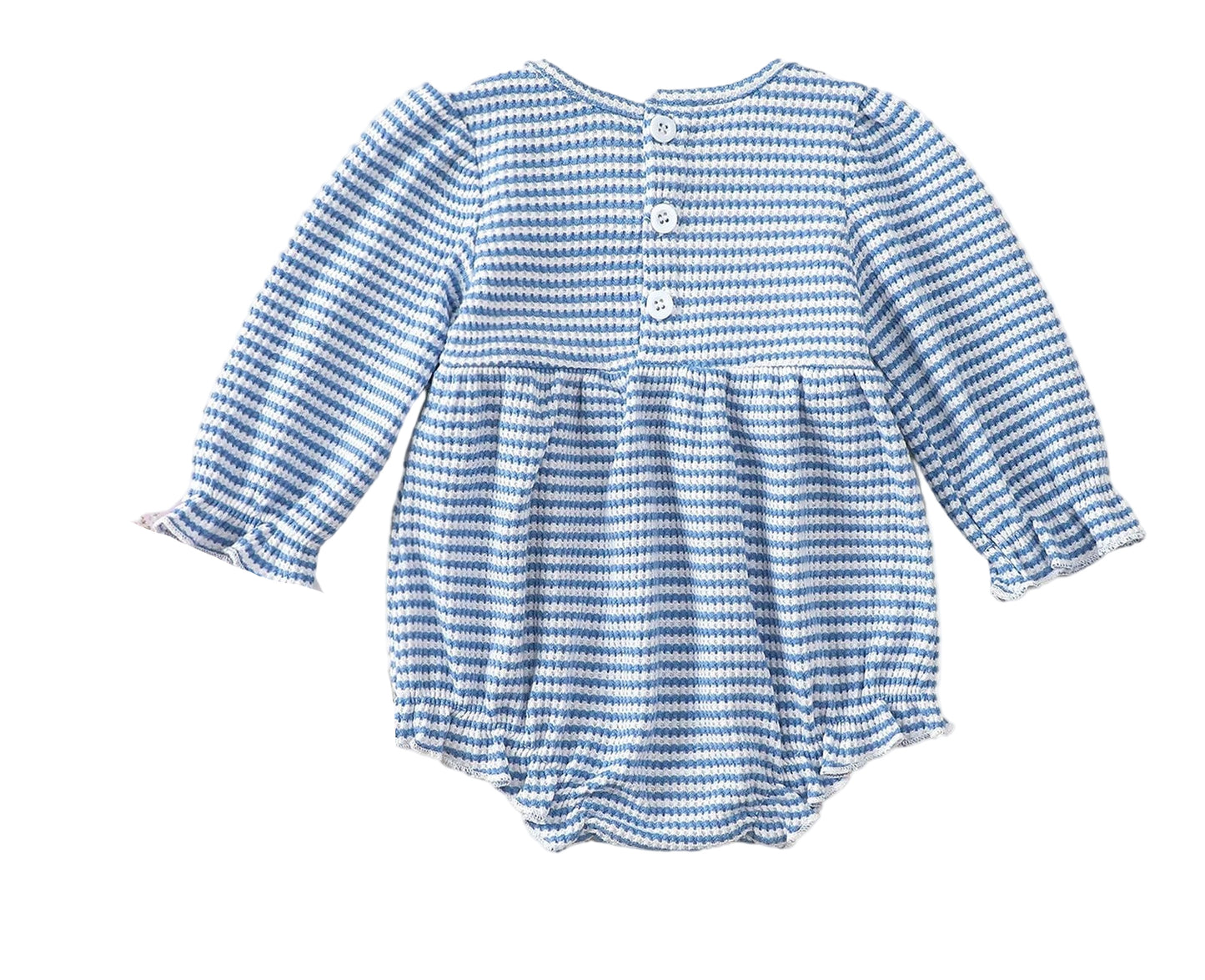 Blue and white striped long sleeve baby bodysuit with back button closure for infants