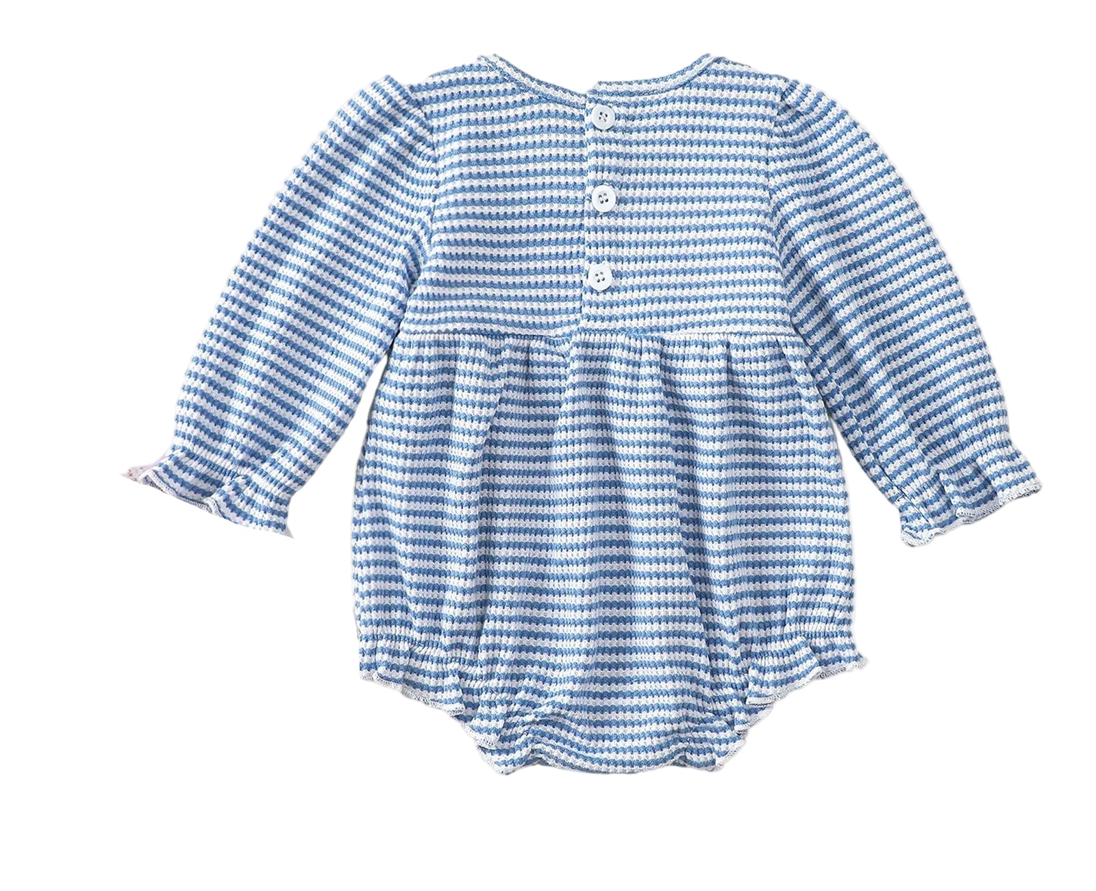 Blue and white striped long sleeve baby bodysuit with back button closure for infants