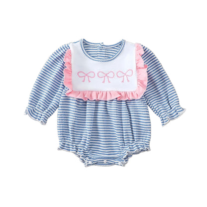 Striped long sleeve baby bodysuit with ruffled neckline and pink bow details for stylish infants