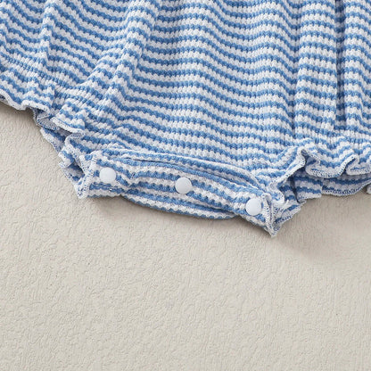 Striped long sleeve baby bodysuit in blue and white with snap closure for easy dressing
