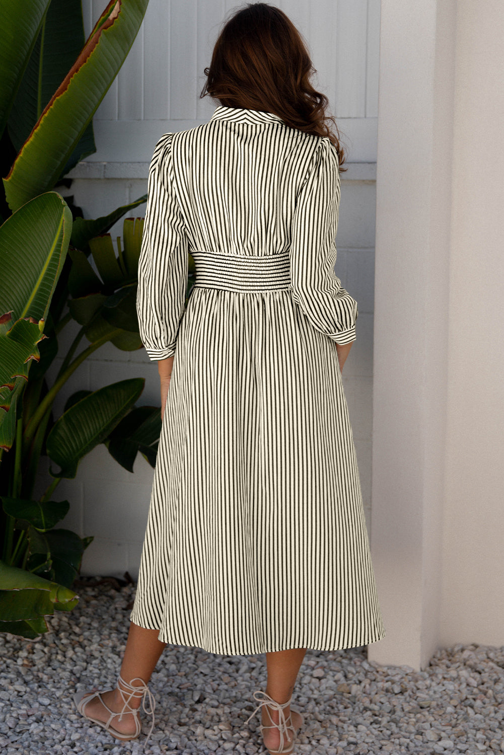 LuckeLadybug LLC Fit & Flare Midi Dress in Striped Design with Elegant Back View
