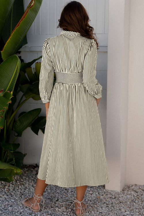 LuckeLadybug LLC Fit & Flare Midi Dress in Striped Design with Elegant Back View
