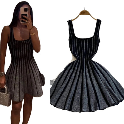 LuckeLadybug LLC Striped Mini Dress for Women with Pleated Skirt and Sleeveless Design