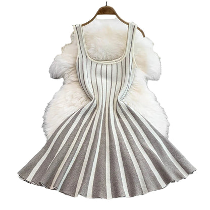 Striped mini dress for women with a flared style in soft pastel colors