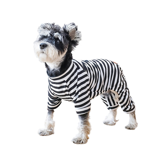 Adorable small dog in striped pajamas for small dogs, perfect for cozy nights at home