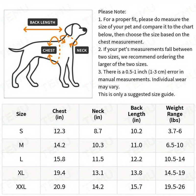 Size chart for striped pajamas for small dogs with measurements for chest, neck, and back length