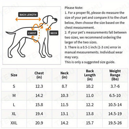 Size chart for striped pajamas for small dogs with measurements for chest, neck, and back length