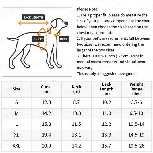 Size chart for striped pajamas for small dogs with measurements for chest, neck, and back length