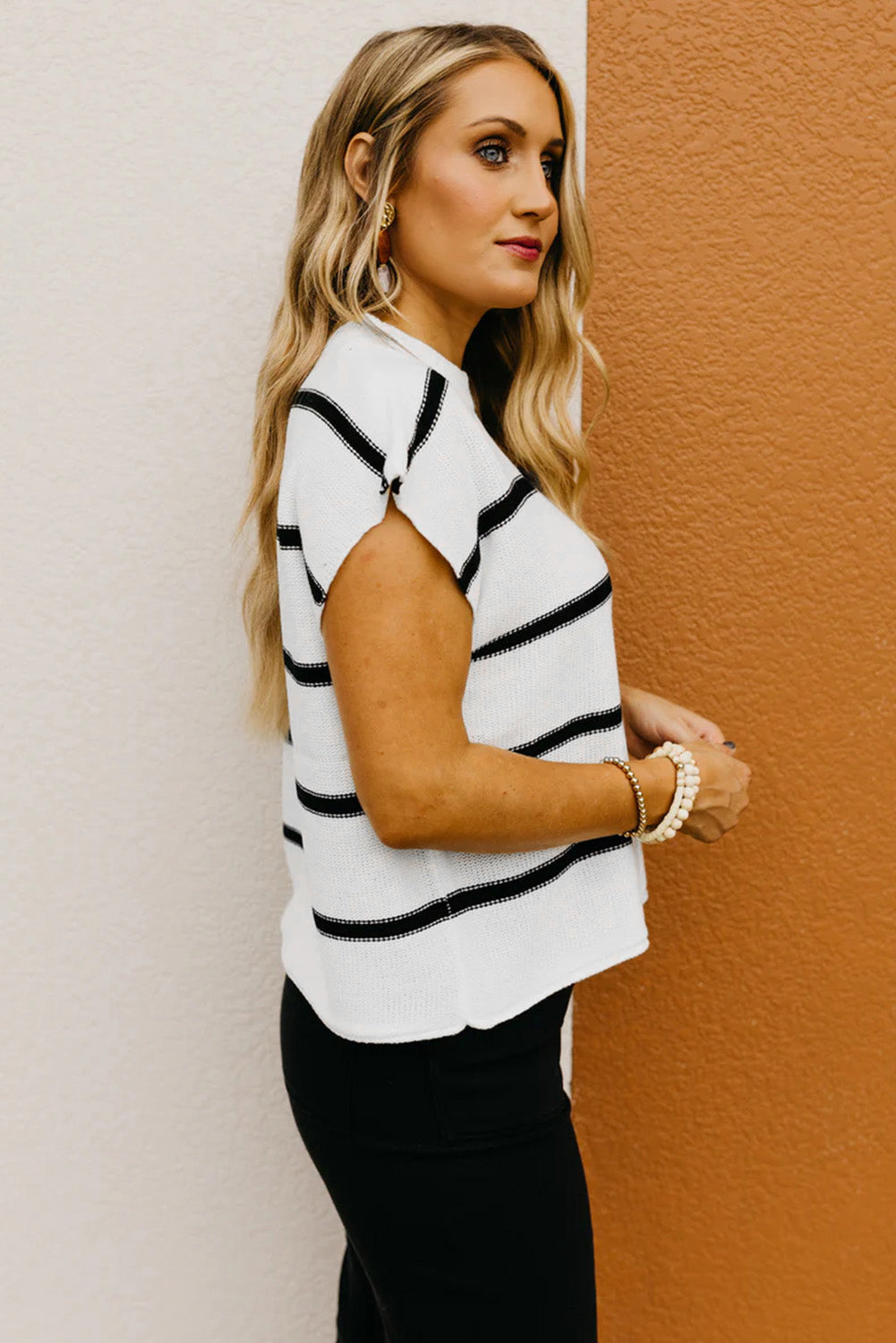 LuckeLadybug Striped Sweater Vest in White and Black with Short Sleeves