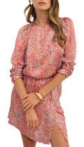 Model wearing red leopard print mini dress with long sleeves side slit cinched waist and gold tone jewelry