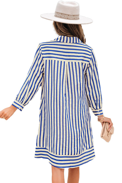 LuckeLadybug blue stripe mini dress back view vertical stripes shirt style long sleeves, model wearing white hat and clutch