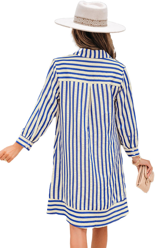 LuckeLadybug blue stripe mini dress back view vertical stripes shirt style long sleeves, model wearing white hat and clutch