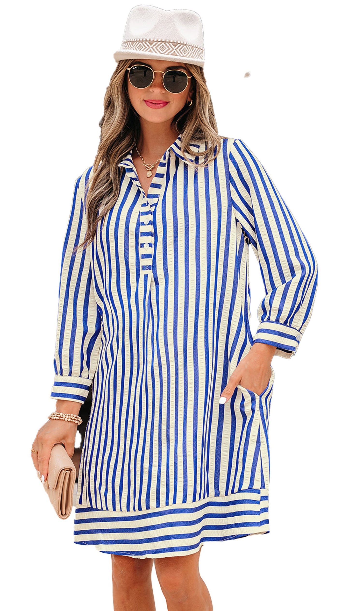 LuckeLadybug blue stripe mini dress long sleeve casual shirt dress with pockets styled with hat and clutch