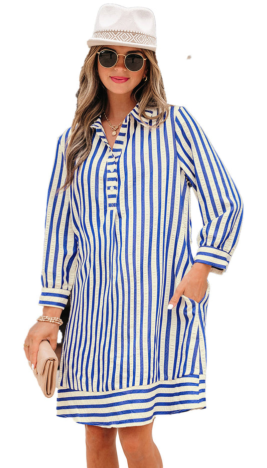LuckeLadybug blue stripe mini dress long sleeve casual shirt dress with pockets styled with hat and clutch