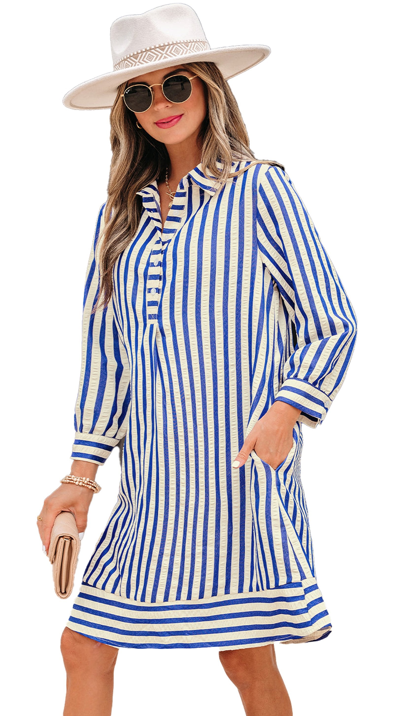 LuckeLadybug blue stripe mini dress long sleeve shirt dress with pockets button placket casual resort wear