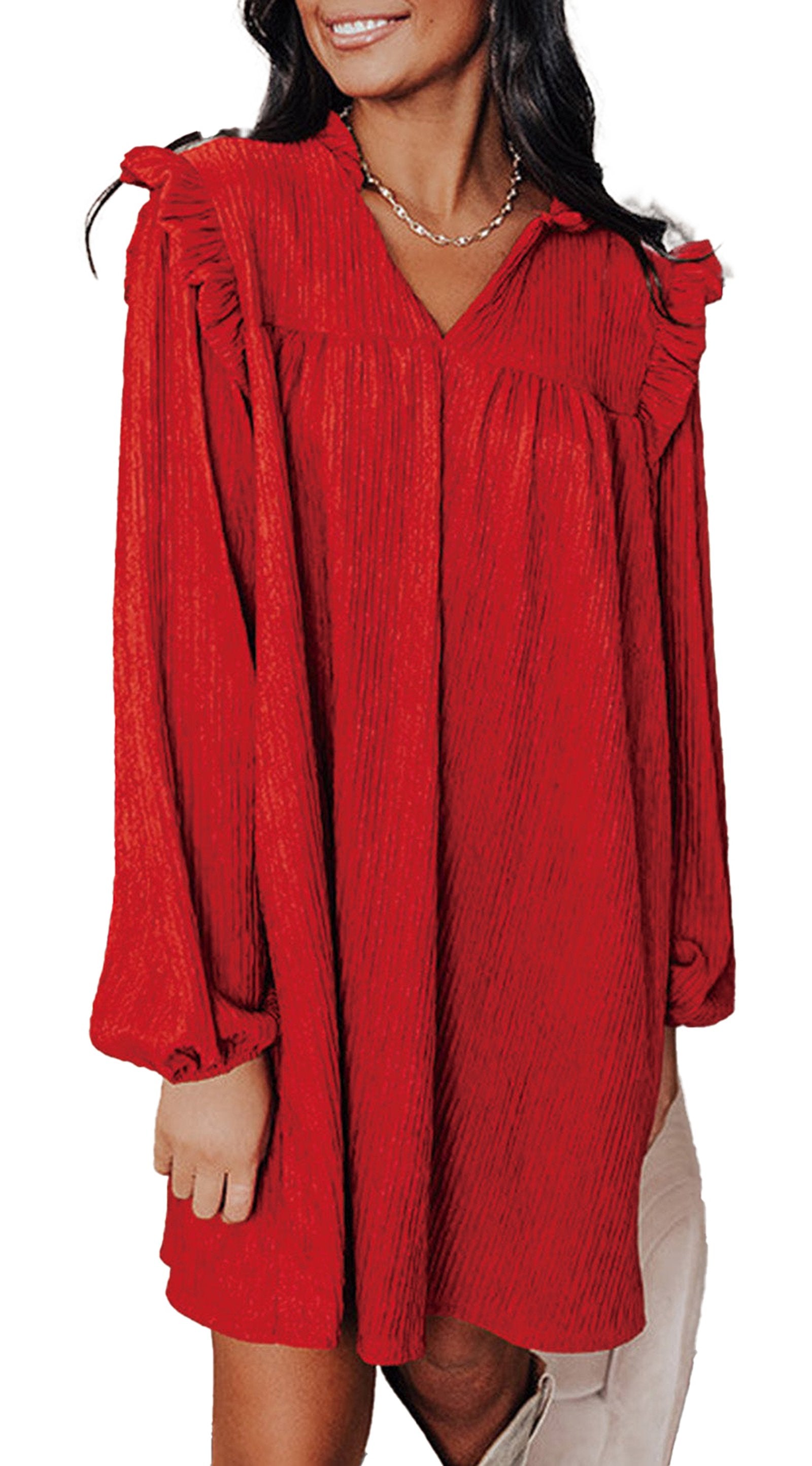 LuckeLadybug fiery red ruffled mini dress V neck with long billowy sleeves textured fabric for holiday parties