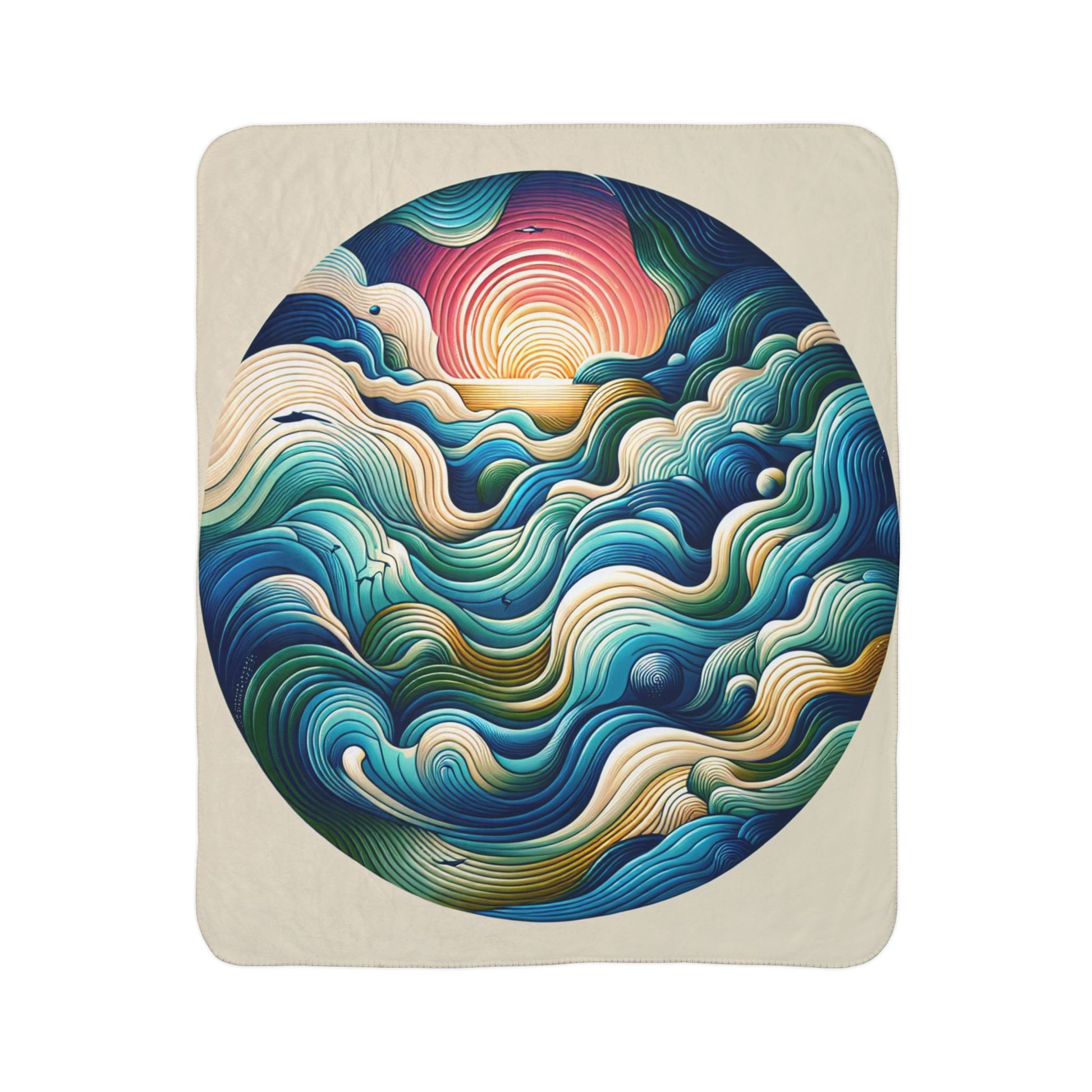 LuckeLadybug sherpa blanket with colorful circular abstract waves design stylish abstract bedding accessory