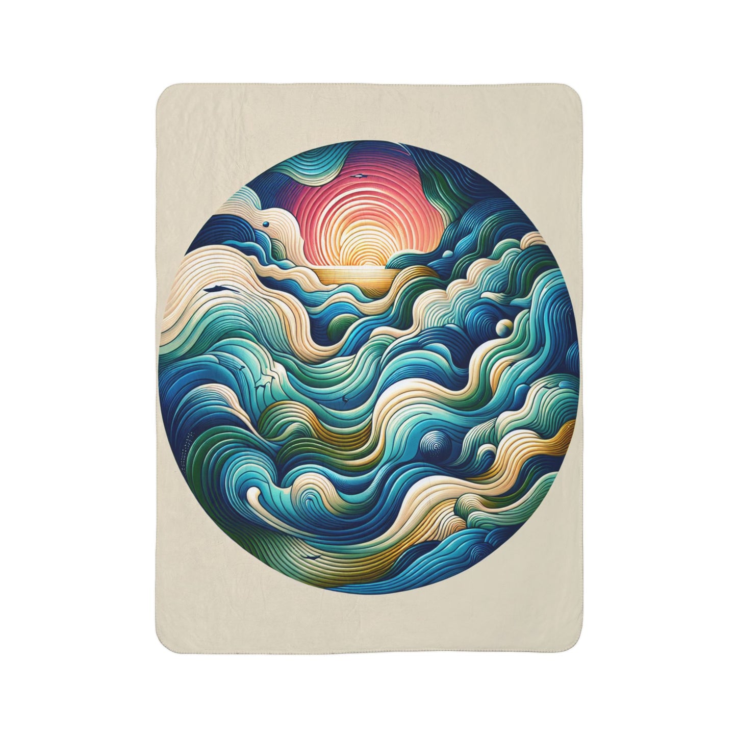 LuckeLadybug sherpa blanket with colorful circular wave design as a stylish abstract bedding accessory