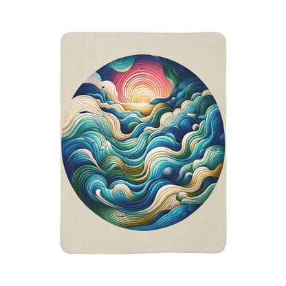 LuckeLadybug sherpa blanket with colorful circular wave design as a stylish abstract bedding accessory