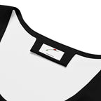 Close-up of neckline and label on a stylish bodycon dress for women by LuckeLadybug