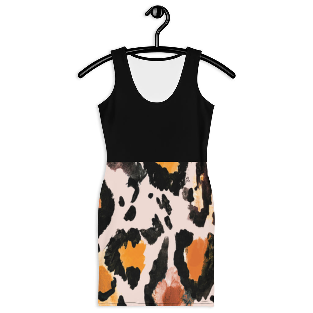 LuckeLadybug stylish bodycon dress for women with black top and multicolor animal print skirt