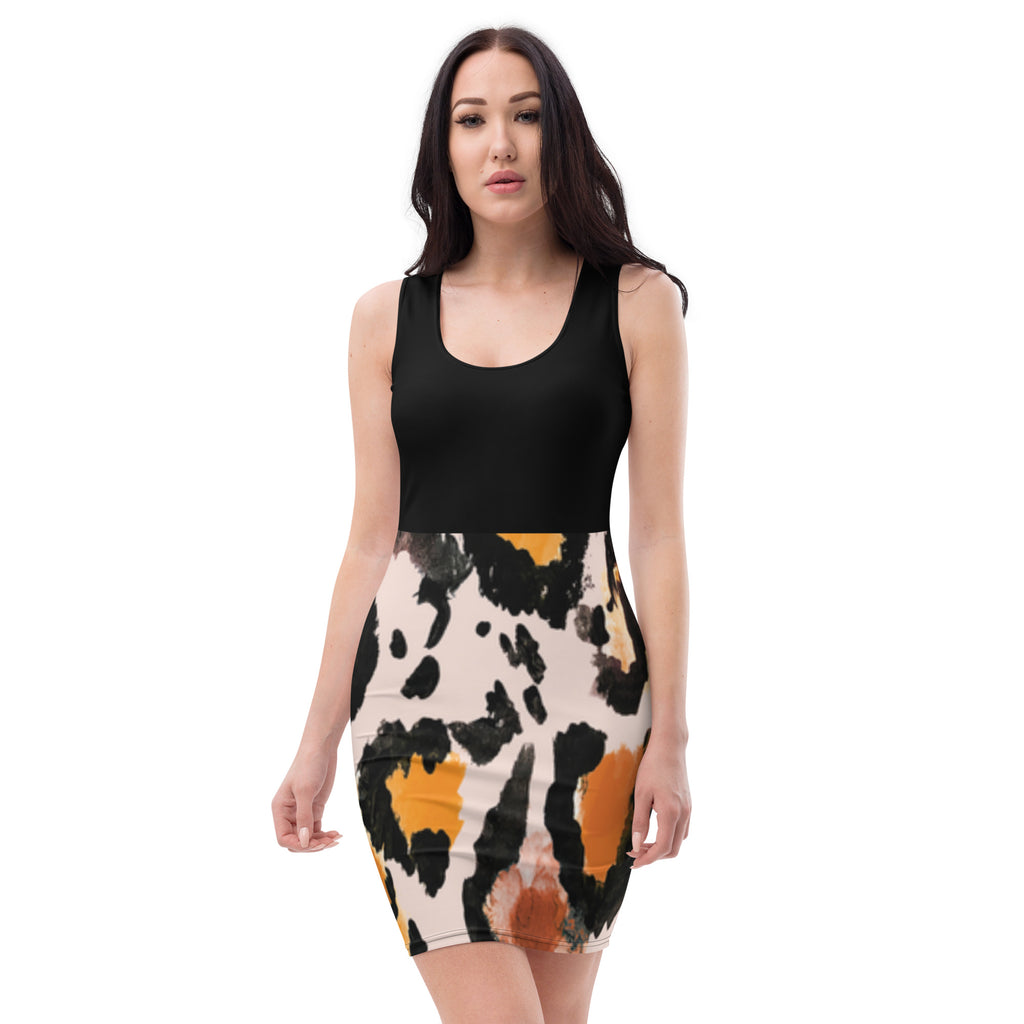 Stylish bodycon dress for women by LuckeLadybug with black top and abstract patterned skirt