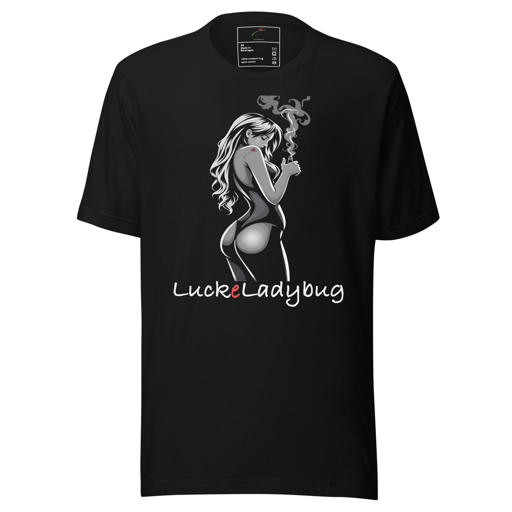 LuckeLadybug black stylish men's graphic tee with artistic woman smoking design