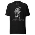LuckeLadybug black stylish men's graphic tee with artistic woman smoking design
