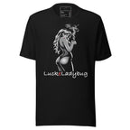 LuckeLadybug black stylish men's graphic tee with artistic woman smoking design