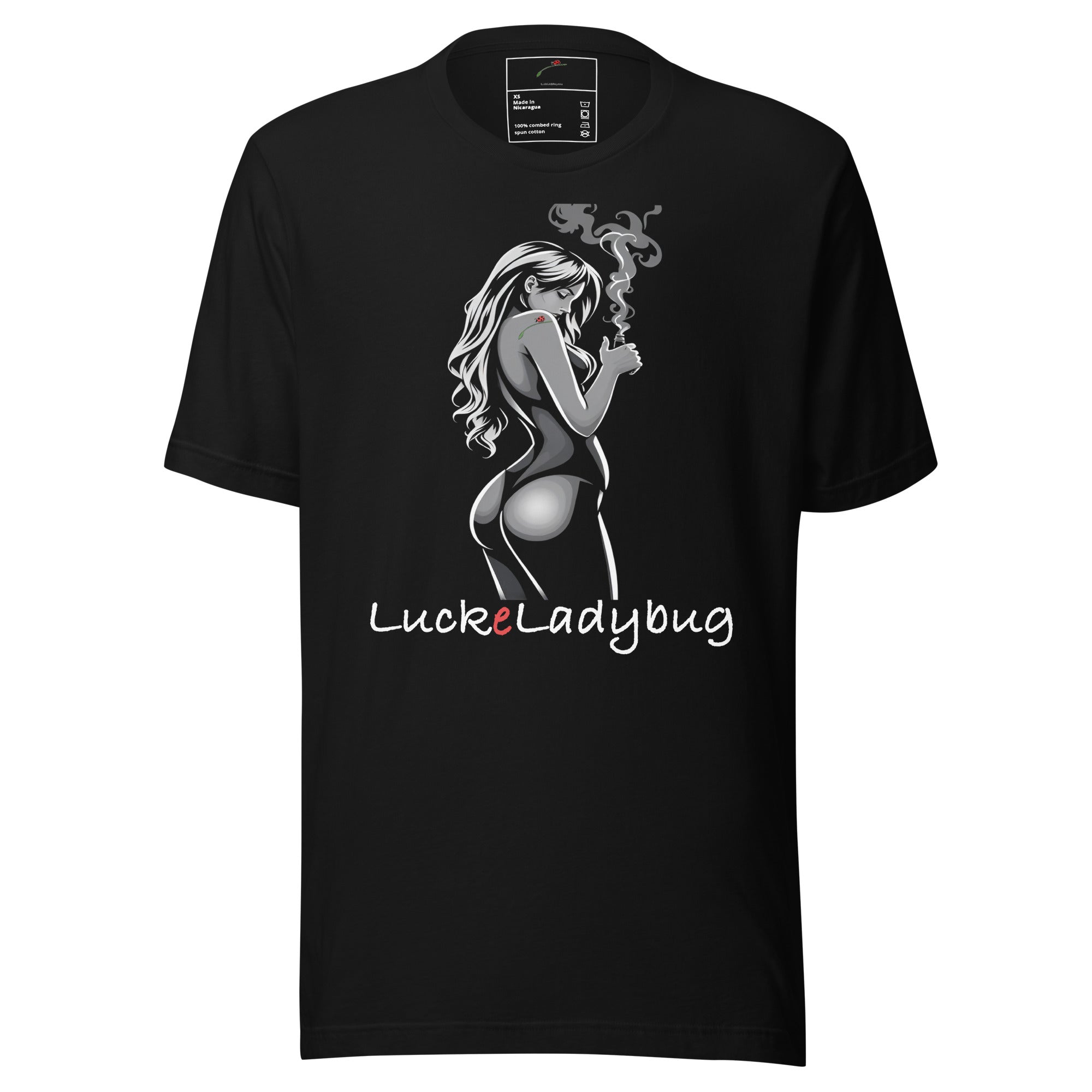 LuckeLadybug black stylish men's graphic tee with artistic woman smoking design