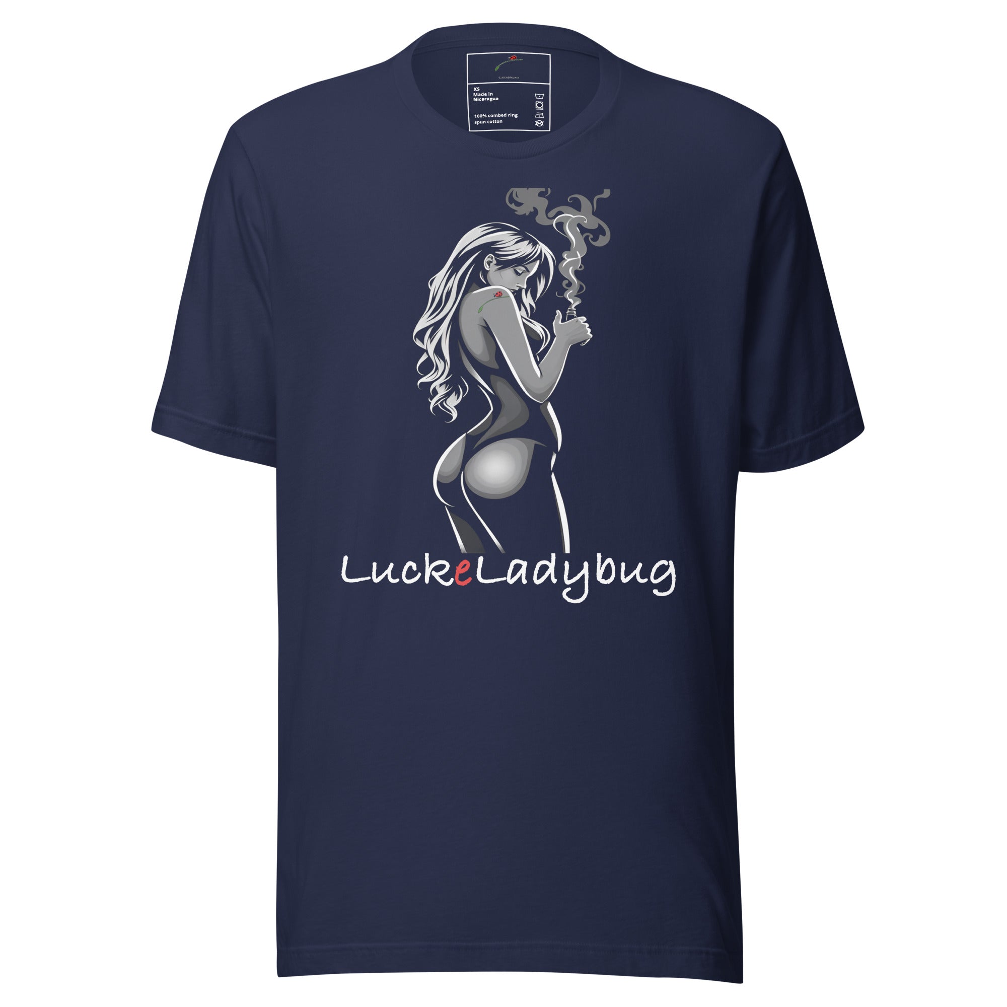 LuckeLadybug navy stylish men's graphic tee with artistic smoking woman illustration