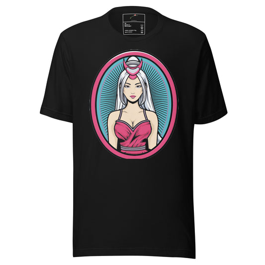 LuckeLadybug black t-shirt featuring a stylish samurai print tee with a female samurai illustration