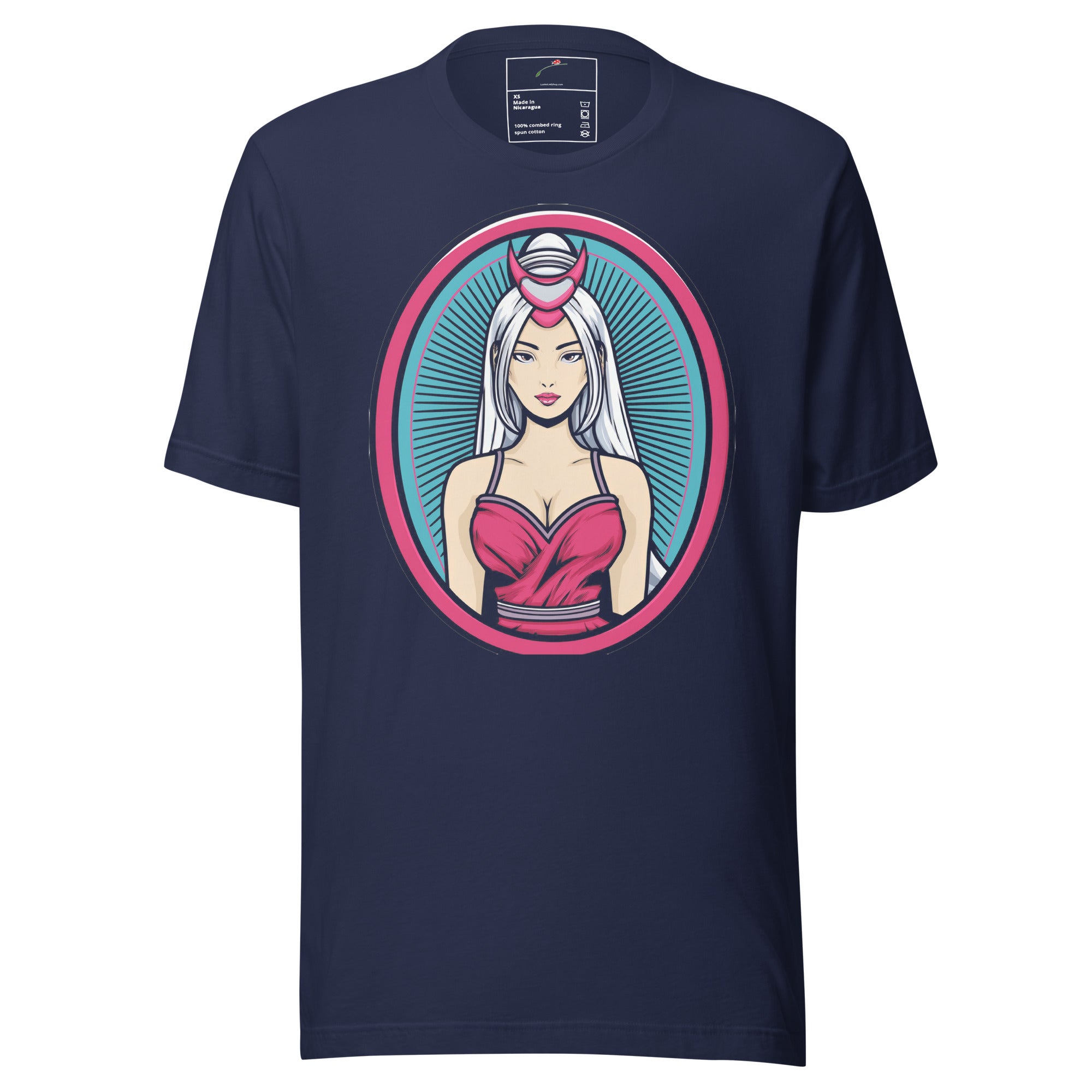 LuckeLadybug stylish samurai print tee with navy background and colorful samurai woman graphic