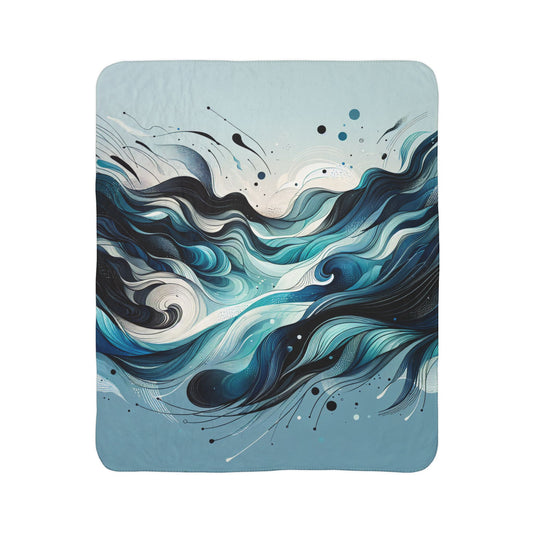 Ladybug sherpa blanket with abstract blue wave design stylish warm blanket for couch