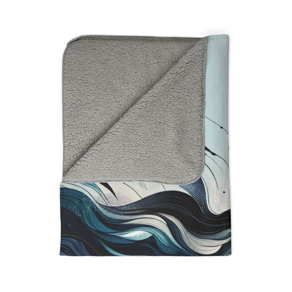 LuckeLadybug sherpa blanket with grey fleece and blue wave design stylish warm blanket for couch