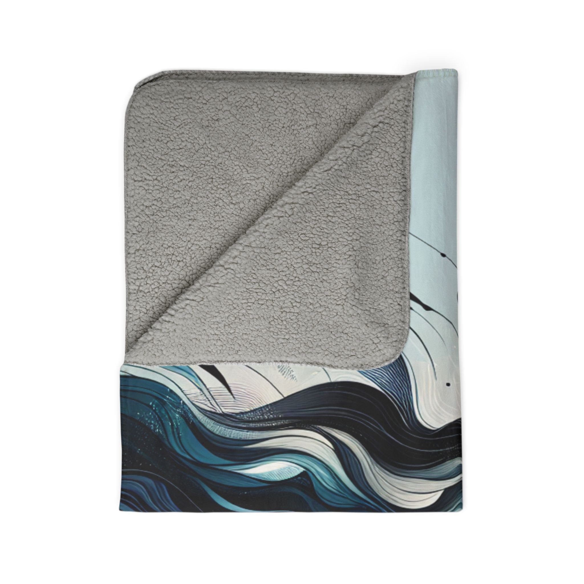 LuckeLadybug sherpa blanket with grey fleece and blue wave design stylish warm blanket for couch