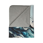 LuckeLadybug sherpa blanket with blue abstract wave design and soft gray fleece backside stylish warm blanket for couch