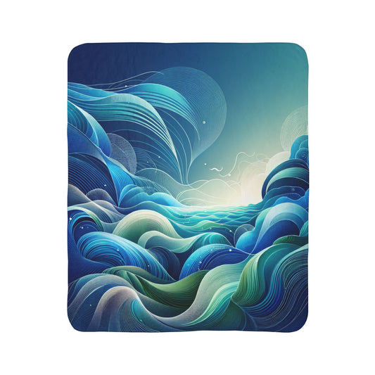 LuckeLadybug sherpa blanket with blue wave design, a stylish warm blanket for home decor