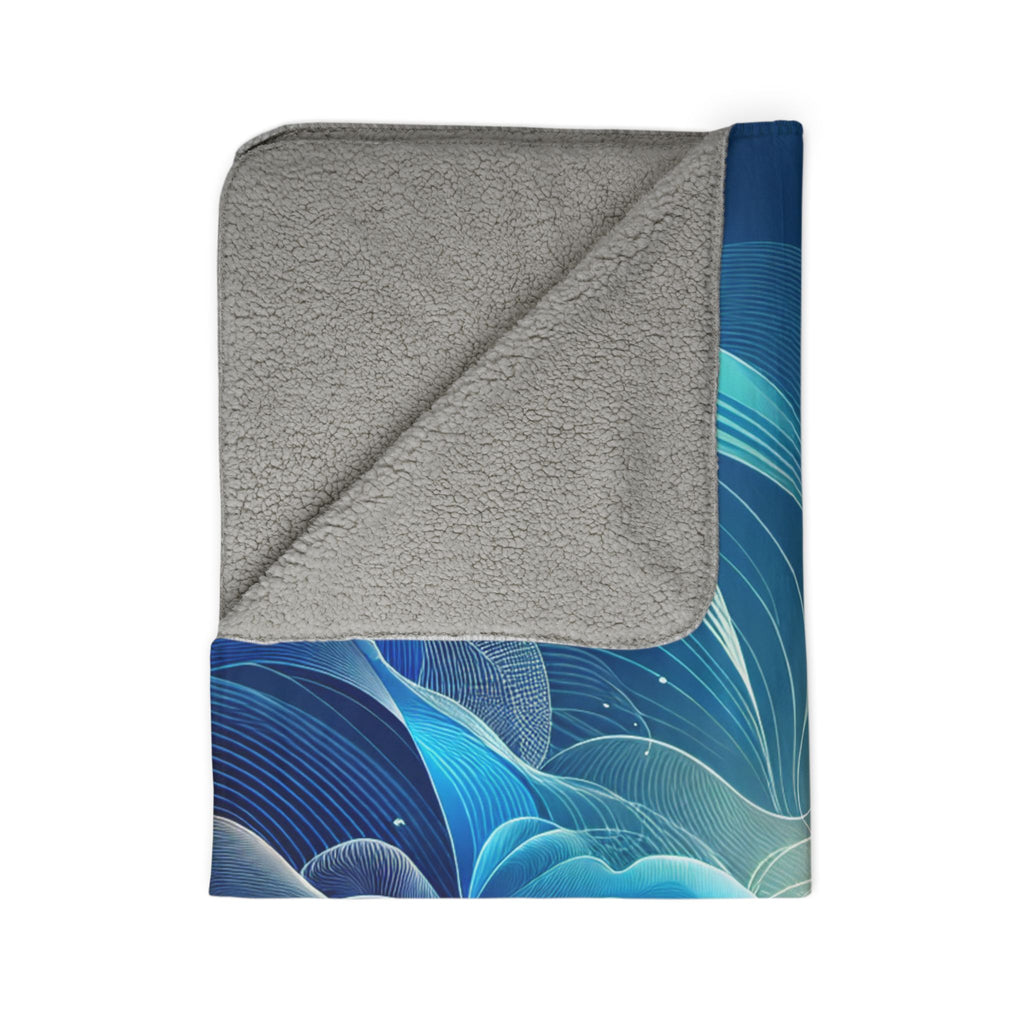 LuckeLadybug sherpa blanket with blue abstract design and soft gray lining stylish warm blanket for home decor