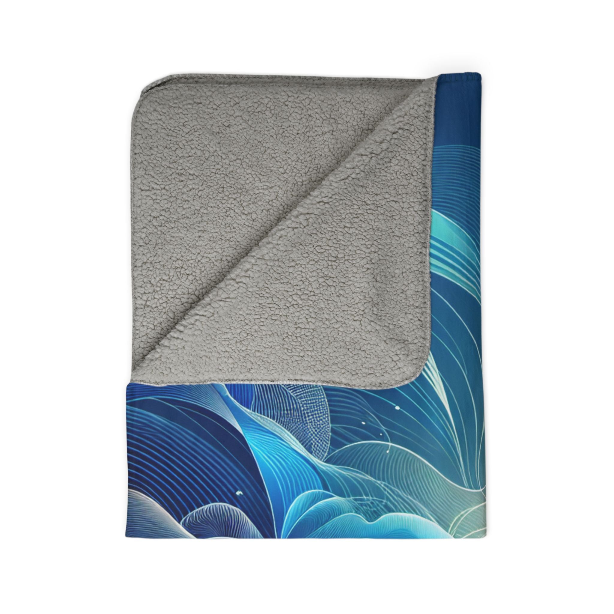 LuckeLadybug sherpa blanket with blue abstract design and soft gray lining stylish warm blanket for home decor