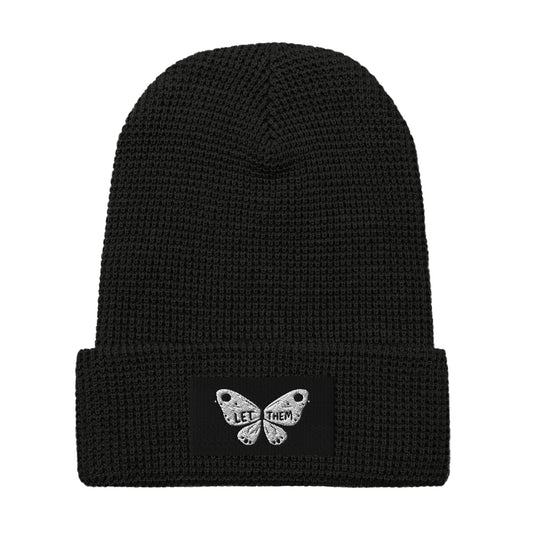 LuckeLadybug black waffle beanie with butterfly patch stylish winter beanie for women
