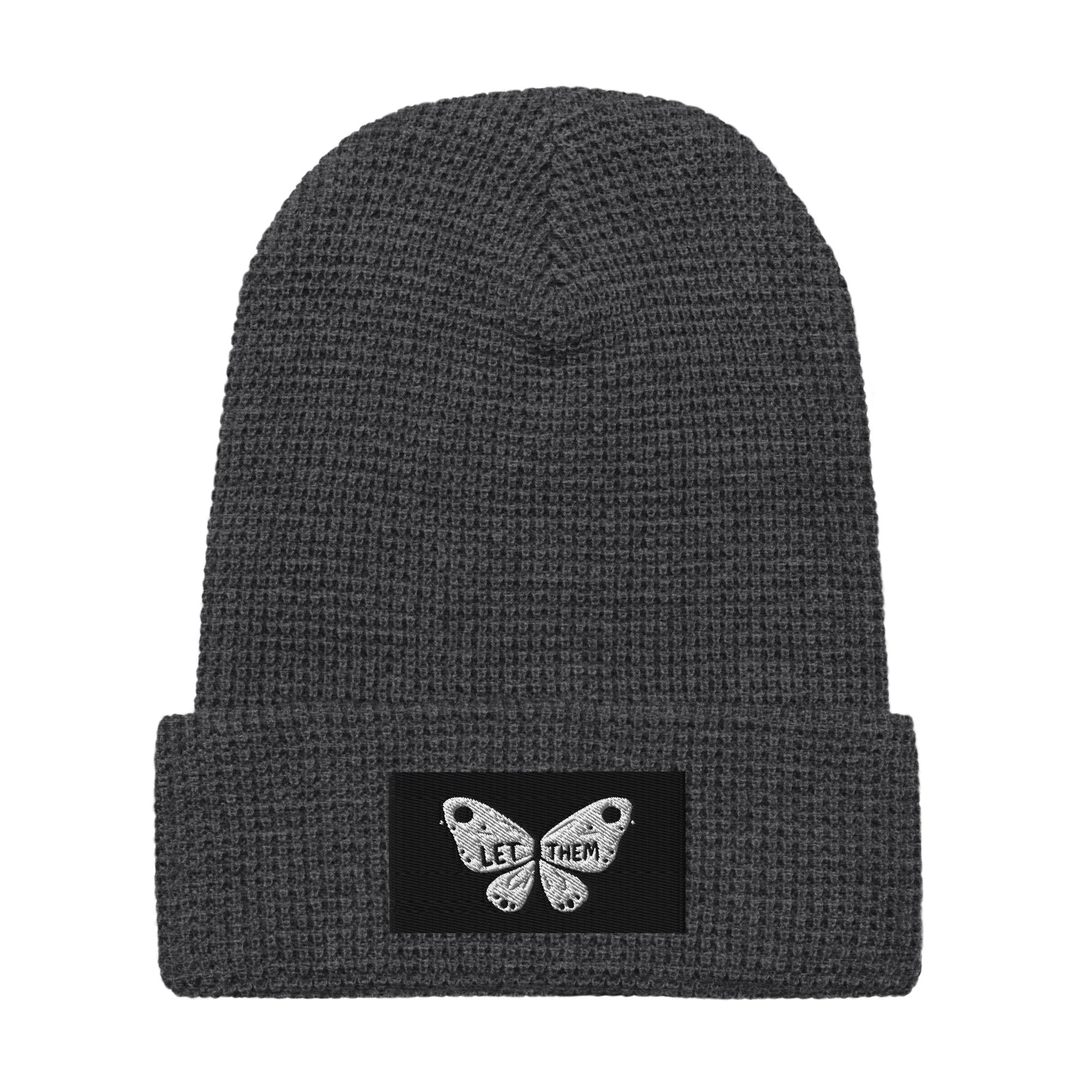 LuckeLadybug waffle beanie with butterfly patch, stylish winter beanie for women in dark gray