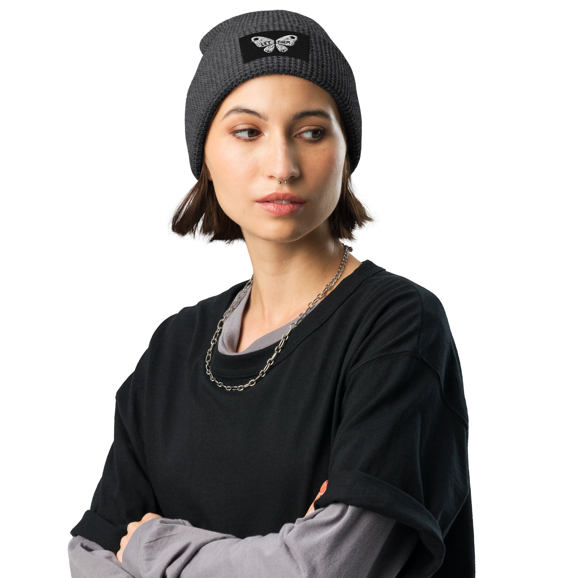 LuckeLadybug waffle beanie with butterfly patch stylish winter beanie for women in dark gray