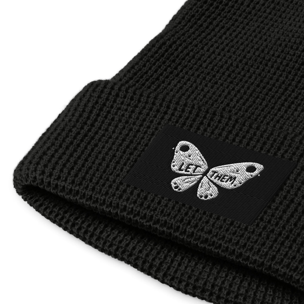 Black waffle beanie from LuckeLadybug with butterfly patch stylish winter beanie for women