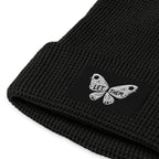 Black waffle beanie from LuckeLadybug with butterfly patch stylish winter beanie for women