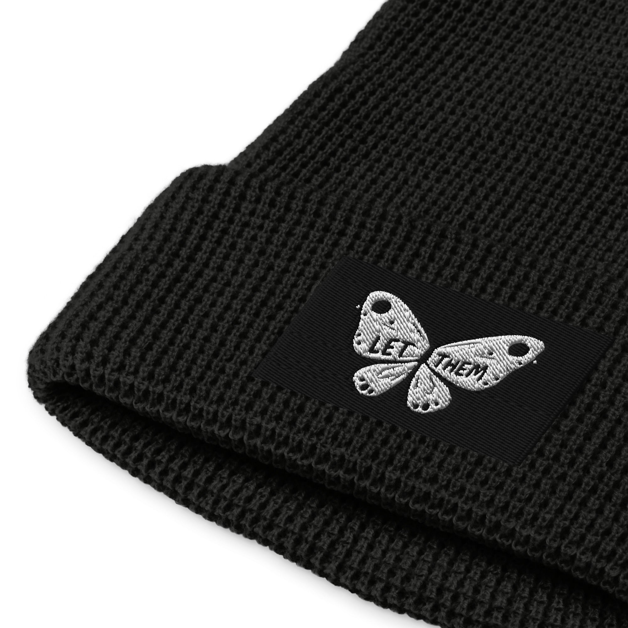 Black waffle beanie from LuckeLadybug with butterfly patch stylish winter beanie for women