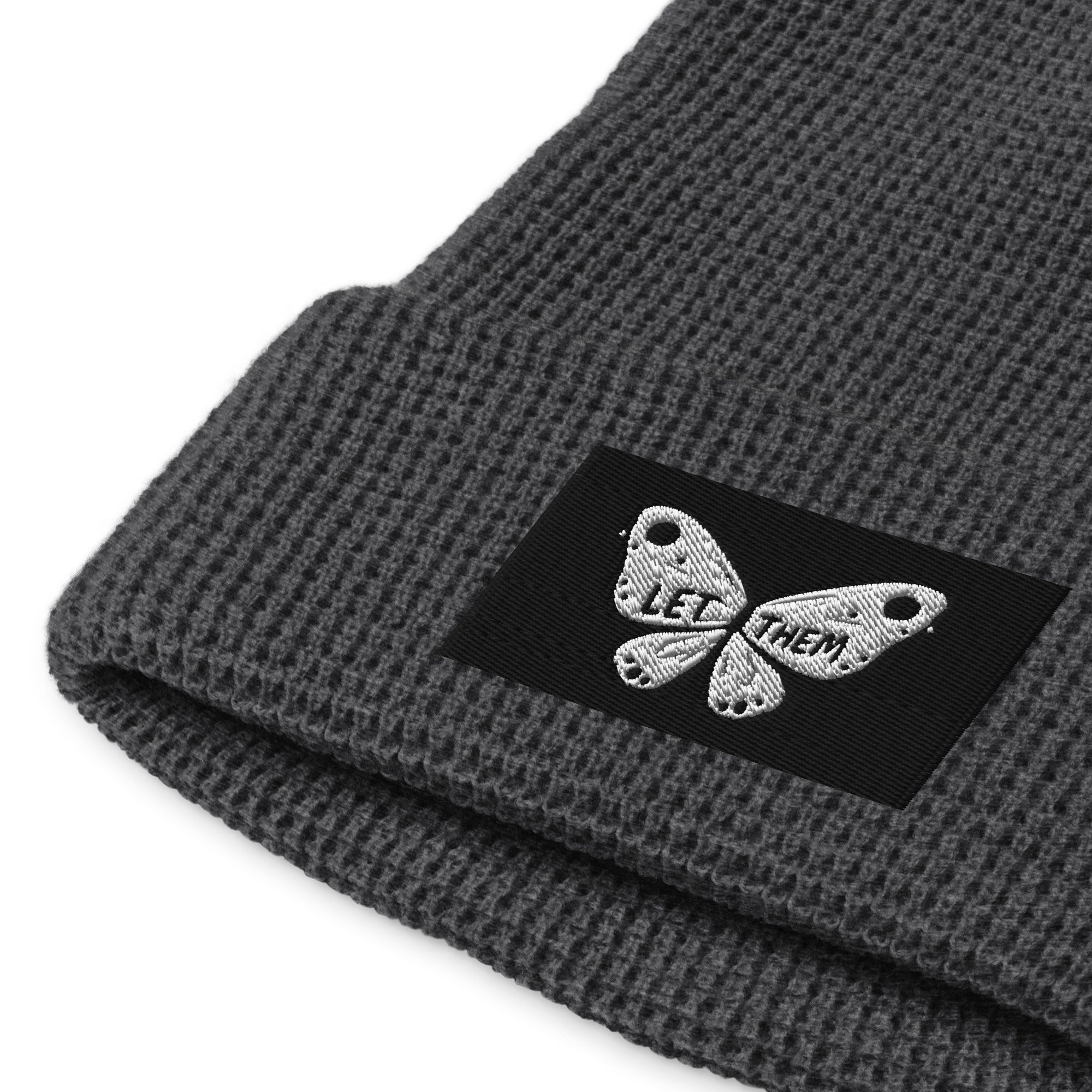 Gray Waffle Beanie by LuckeLadybug featuring a butterfly patch, stylish winter beanie for women
