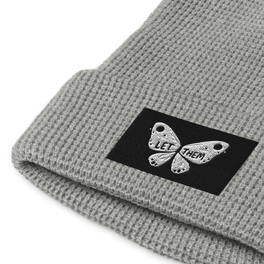 LuckeLadybug gray waffle beanie with butterfly patch stylish winter beanie for women